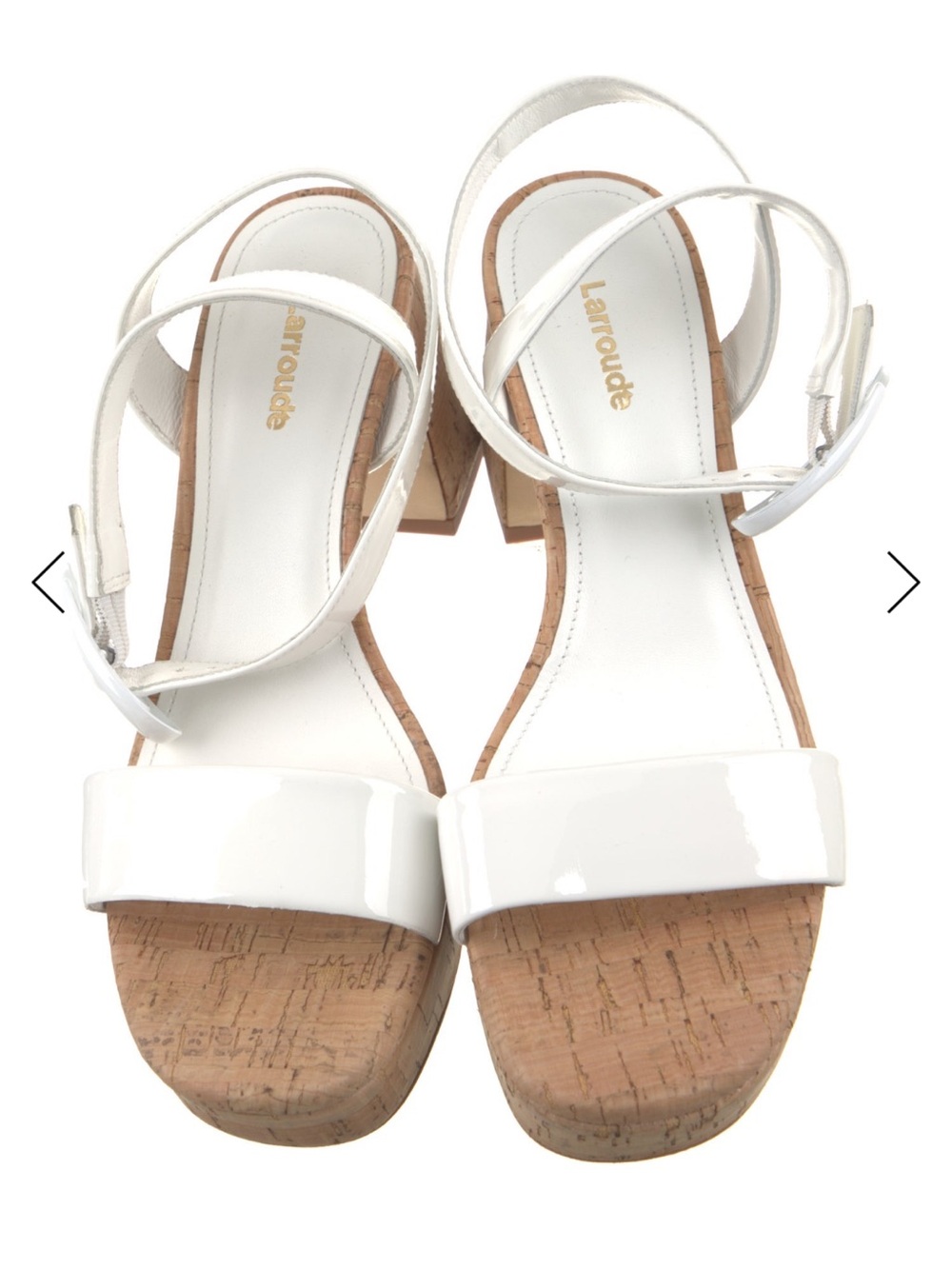 Larroude Dolly Verona Low Heel White Cork Block Heel Sandals with Ankle Strap